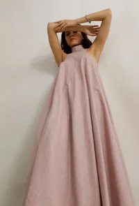 Orchid Pink Khadi Cotton Flared Halter Neck Kurta image 1