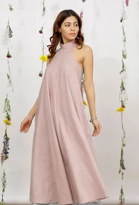 Orchid Pink Khadi Cotton Flared Halter Neck Kurta image 2