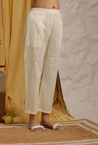 Off White Cotton Schiffli Narrow Pants image 2