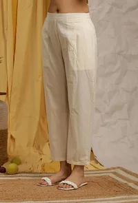 Off White Cotton Schiffli Narrow Pants image 3