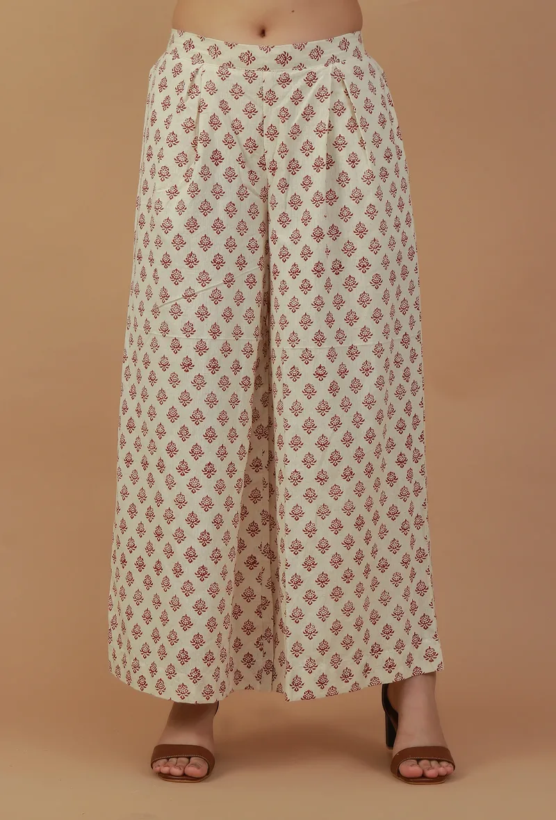 Off-White Block Printed Cotton Palazzo Pants