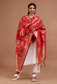Red Color Semi Silk Dupatta With Zari Weaving image 1