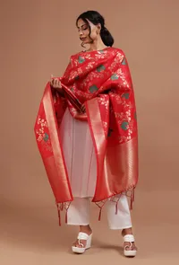 Red Color Semi Silk Dupatta With Zari Weaving image 2