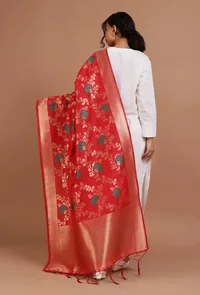 Red Color Semi Silk Dupatta With Zari Weaving image 4