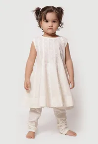 Set of 2- Frost White Cut Sleeves Malmal Anarkali with Churidar image 2