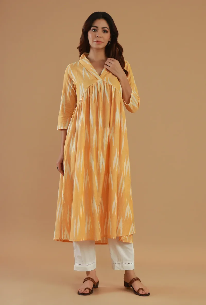 Yellow Ikat A-Line Cotton Kurta