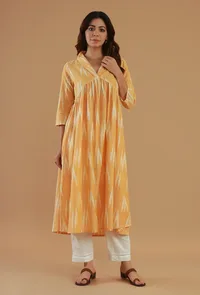 Yellow Ikat A-Line Cotton Kurta image 1