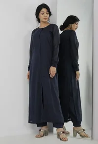 Aegean Blue Plain Kota Round Neck Straight Fit Kurta image 1