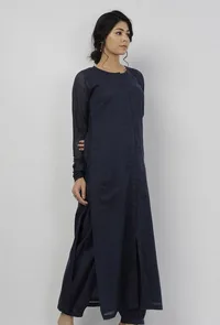 Aegean Blue Plain Kota Round Neck Straight Fit Kurta image 2