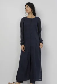 Aegean Blue Plain Kota Round Neck Straight Fit Kurta image 3