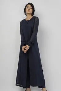 Aegean Blue Plain Kota Round Neck Straight Fit Kurta image 4