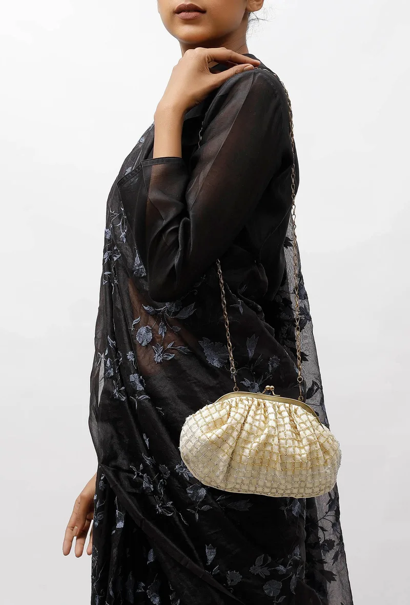 White and Golden Embellished Clutch Bag