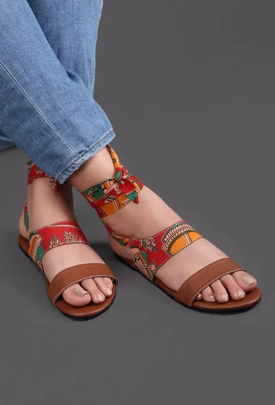 Red Kalamkari Tie Up Flats