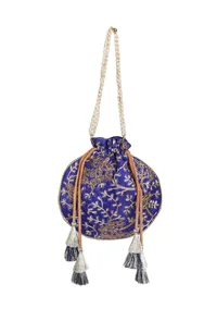 Sapphire Blue Embroidered Silk Potli image 3