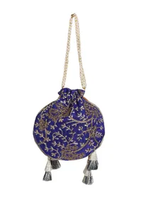 Sapphire Blue Embroidered Silk Potli image 5