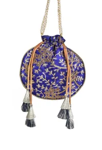 Sapphire Blue Embroidered Silk Potli image 6