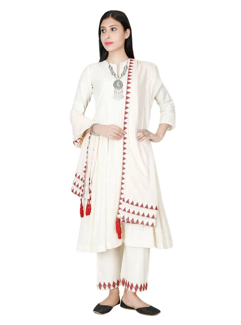 Set of Ivory Cross Stitch cotton Anarkali And Palazzo With Mulmul Cotton Dupatta