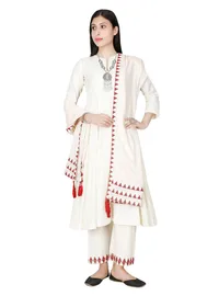 Set of Ivory Cross Stitch cotton Anarkali And Palazzo With Mulmul Cotton Dupatta image 1