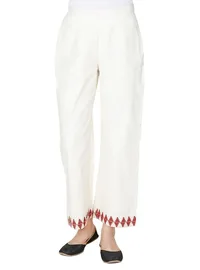 Set of Ivory Cross Stitch cotton Anarkali And Palazzo With Mulmul Cotton Dupatta image 3