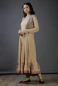 Beige Raw Silk Block Printed Jacket With An Embroidered lace Attached to It image 2