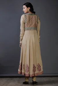 Beige Raw Silk Block Printed Jacket With An Embroidered lace Attached to It image 4