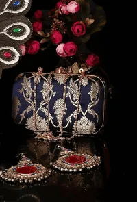 Royal Blue Brocade Box Clutch with Sling (8 X 2 X 4.5) image 1