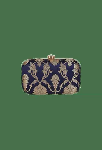Royal Blue Brocade Box Clutch with Sling (8 X 2 X 4.5) image 2