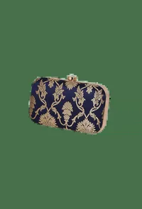 Royal Blue Brocade Box Clutch with Sling (8 X 2 X 4.5) image 3