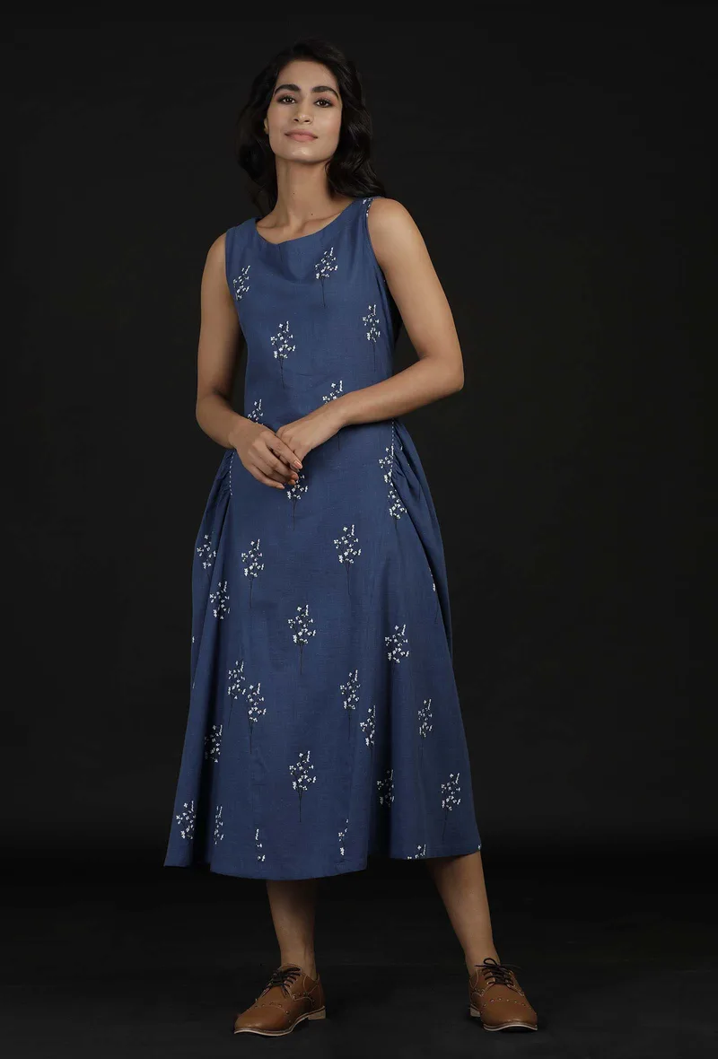 Azure Blue Block Print Cut Sleeves Cotton Dress