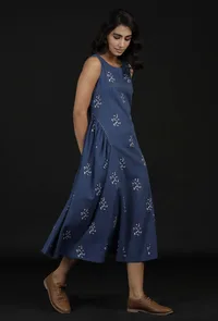 Azure Blue Block Print Cut Sleeves Cotton Dress image 2