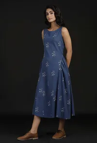 Azure Blue Block Print Cut Sleeves Cotton Dress image 3