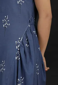 Azure Blue Block Print Cut Sleeves Cotton Dress image 6