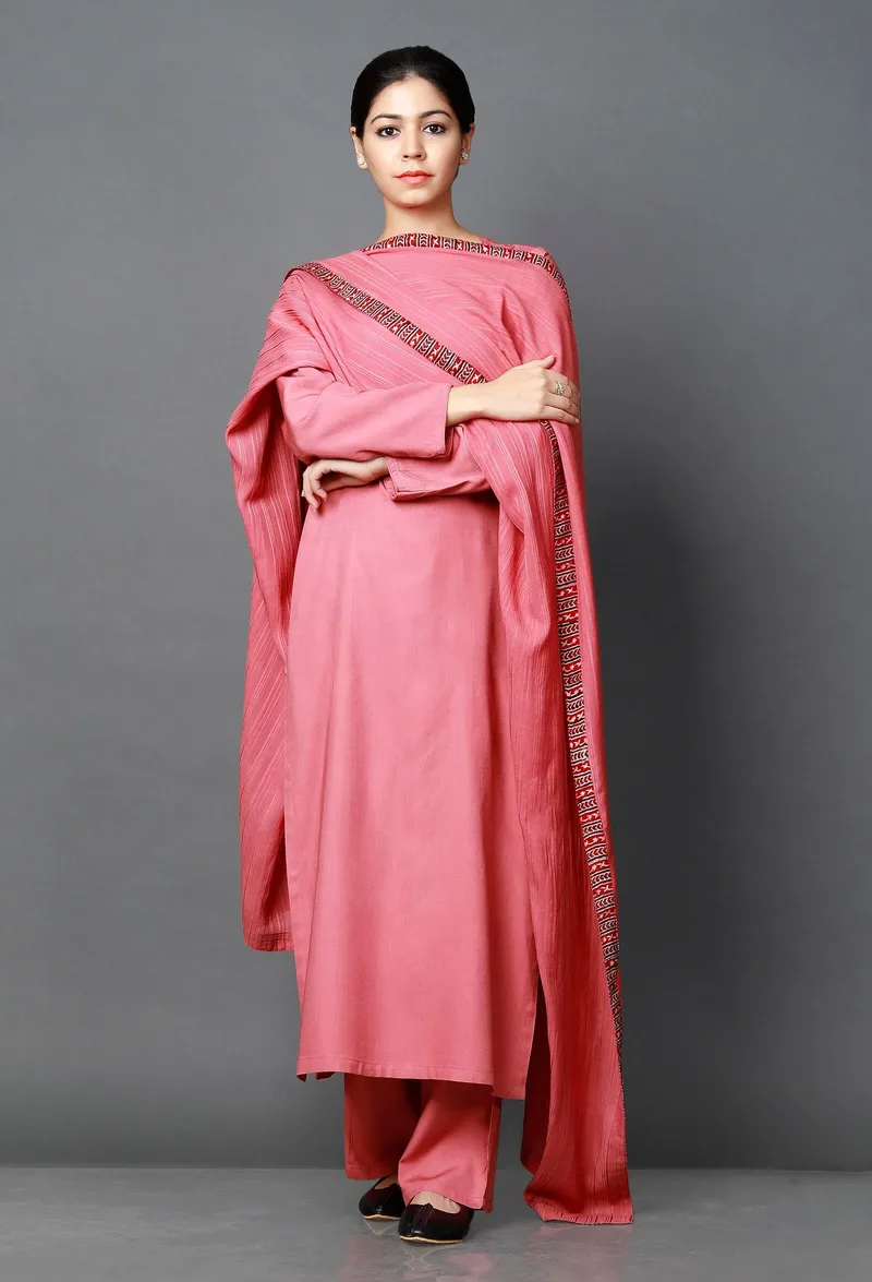 Set of 3: Pink Bamboo Kurta/Pallazo and Eucallyptus Dupatta