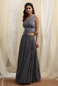 Set Of 2: Anchor Grey Wrap Around Crop Top & Embroidered Waist Belt image 3