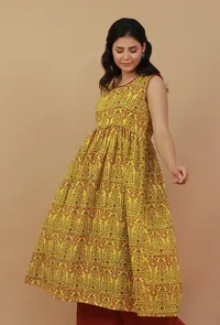 Yellow Hand Block Printed Sleeveless Flared Cotton Kurta Dress image 1