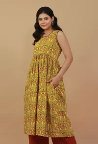 Yellow Hand Block Printed Sleeveless Flared Cotton Kurta Dress image 2