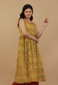 Yellow Hand Block Printed Sleeveless Flared Cotton Kurta Dress image 3