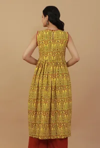 Yellow Hand Block Printed Sleeveless Flared Cotton Kurta Dress image 4