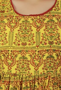 Yellow Hand Block Printed Sleeveless Flared Cotton Kurta Dress image 5