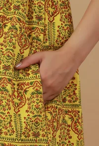 Yellow Hand Block Printed Sleeveless Flared Cotton Kurta Dress image 6