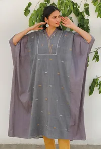 Charcoal Grey Jamdani Mulmul Cotton Kaftan Kurta Dress image 1