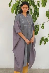 Charcoal Grey Jamdani Mulmul Cotton Kaftan Kurta Dress image 2