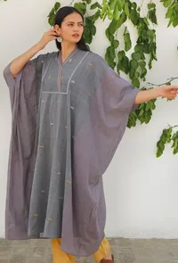 Charcoal Grey Jamdani Mulmul Cotton Kaftan Kurta Dress image 3