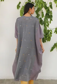 Charcoal Grey Jamdani Mulmul Cotton Kaftan Kurta Dress image 4