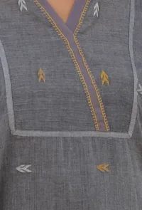 Charcoal Grey Jamdani Mulmul Cotton Kaftan Kurta Dress image 5
