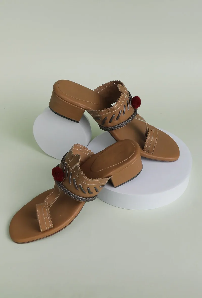 Tan and Silver Cruelty Free Leather Heels with Pom Poms