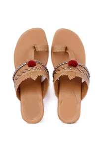 Tan and Silver Cruelty Free Leather Heels with Pom Poms image 3