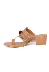 Tan and Silver Cruelty Free Leather Heels with Pom Poms image 5