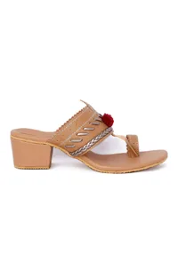 Tan and Silver Cruelty Free Leather Heels with Pom Poms image 6