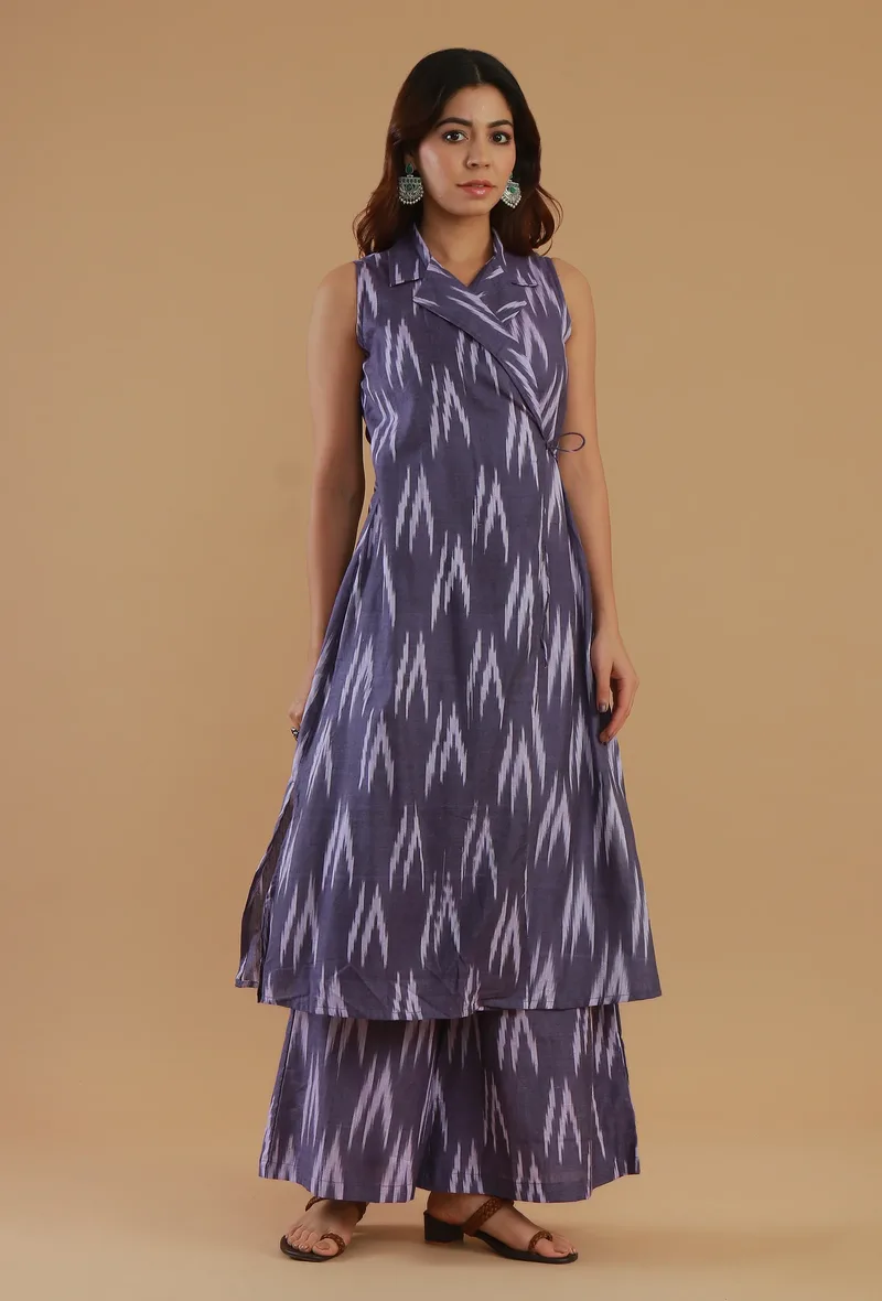 Purple Ikat Cotton Sleeveless Wrap Kurta
